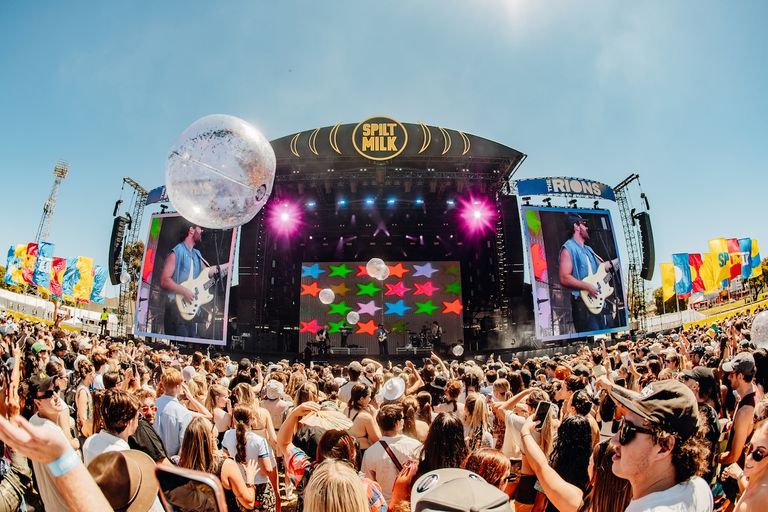Large crowd watching The Rions perform on the main stage at Spilt Milk festival, photo by Jordan Munns.